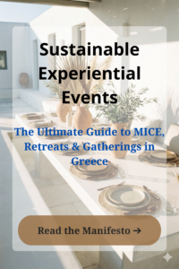 Atmospheric Greek table setting with olive branches, evoking ancient myths and rituals. Sustainable Experiential Events guide for immersive magic, MICE & Retreats.