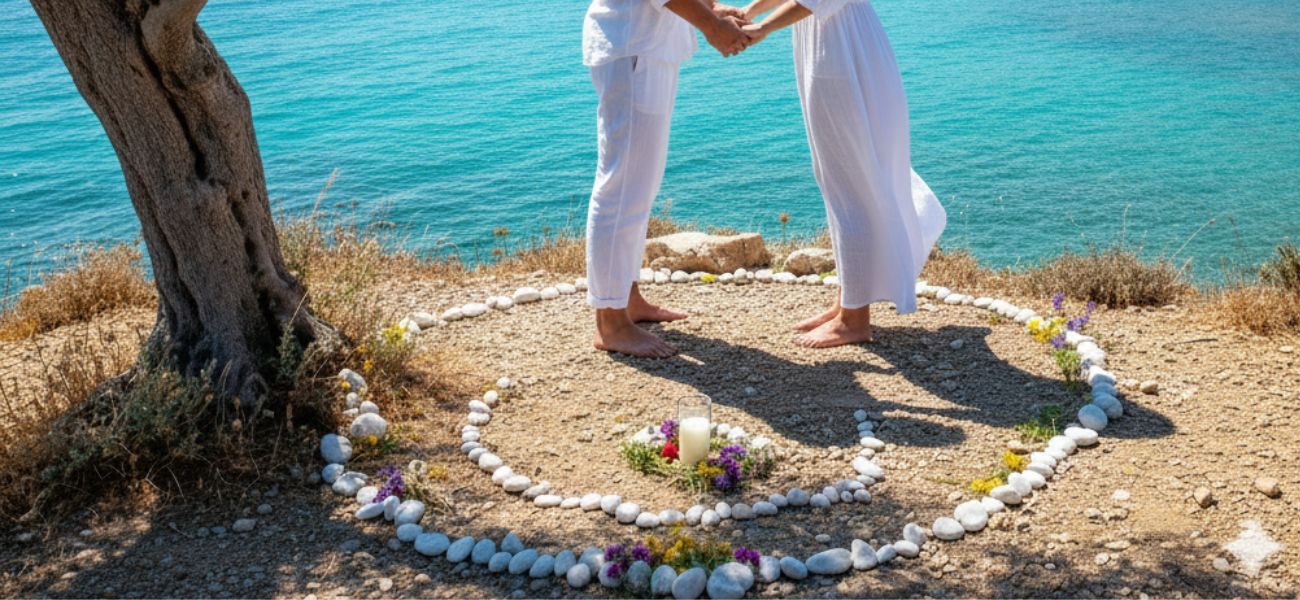 βιώσιμες βιωματικές τελετές αγάπης μέσα σε πέτρινο κύκλο δίπλα σε ελαιόδεντρο και θέα τη θάλασσα