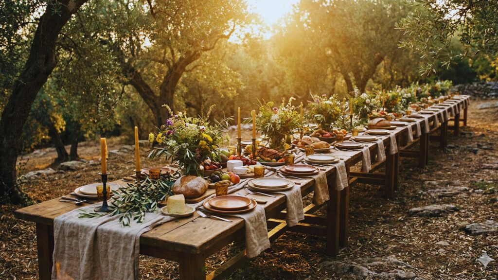 Farm-to-Event ως ο απόλυτος οδηγός για τοπική γαστρονομία 3 Μακρύ τραπέζι εκδήλωσης στρωμένο σε ελαιώνα με φυσική διακόσμηση, αντιπροσωπεύοντας το Farm-to-event concept