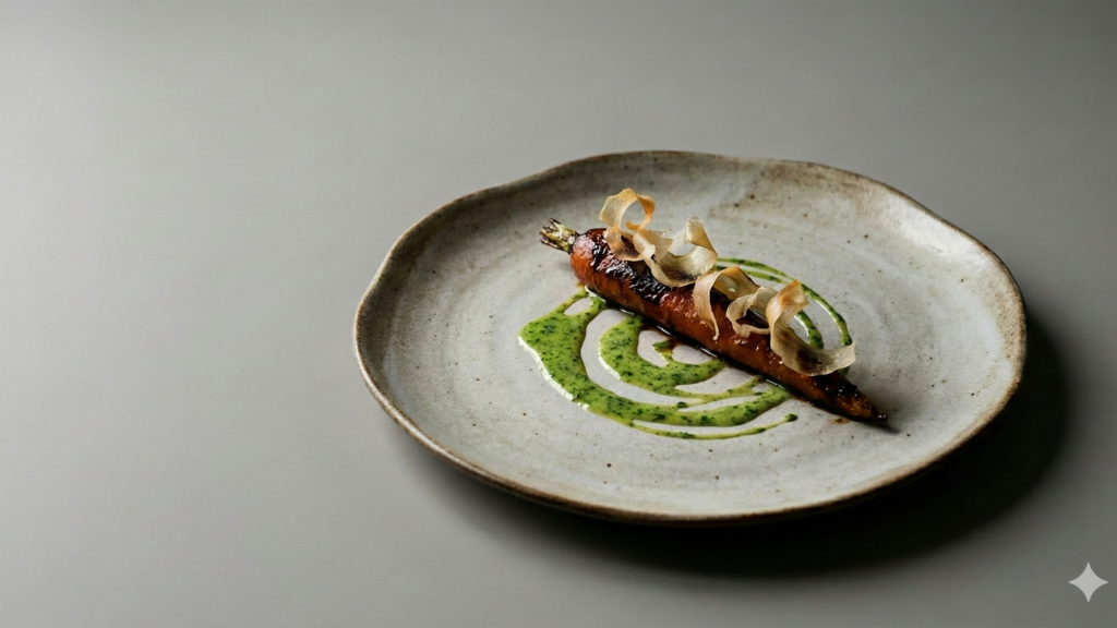 Farm-to-Event ως ο απόλυτος οδηγός για τοπική γαστρονομία 6 Δημιουργικό πιάτο υψηλής γαστρονομίας με ψητά λαχανικά και τσιπς, στο πλαίσιο ενός farm-to-event μενού με zero waste φιλοσοφία.